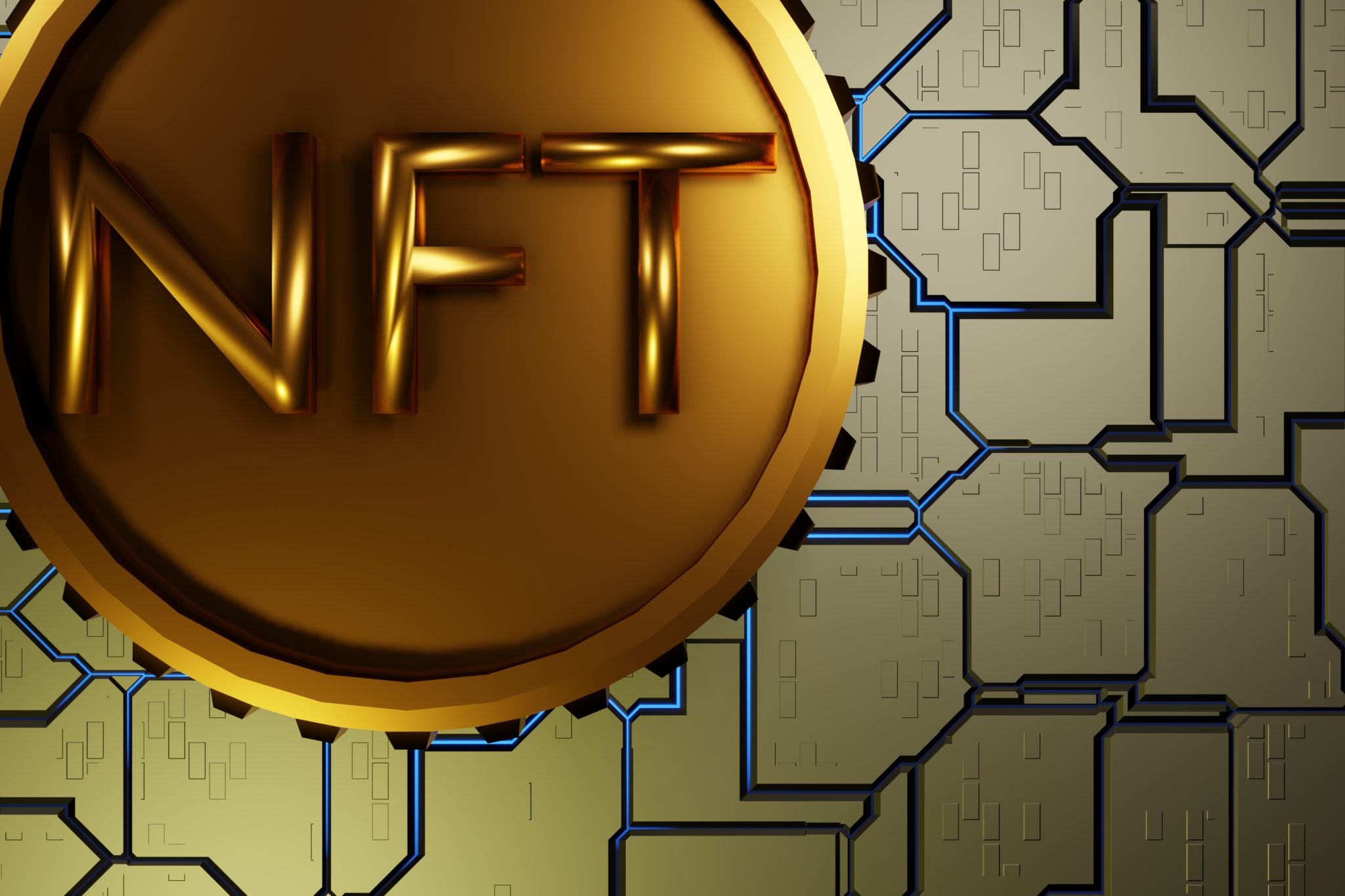 NFT non fungible token on a hard surface motherboard. Crypto currency. 3D rendering