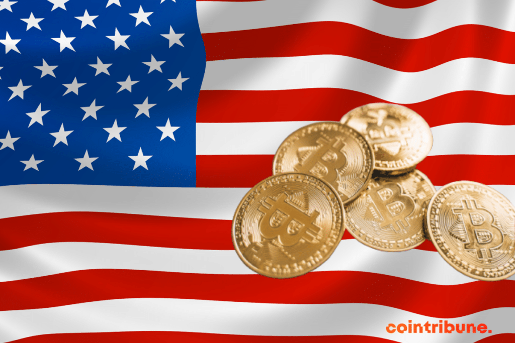 Des pièces de bitcoin sur un drapeau américain