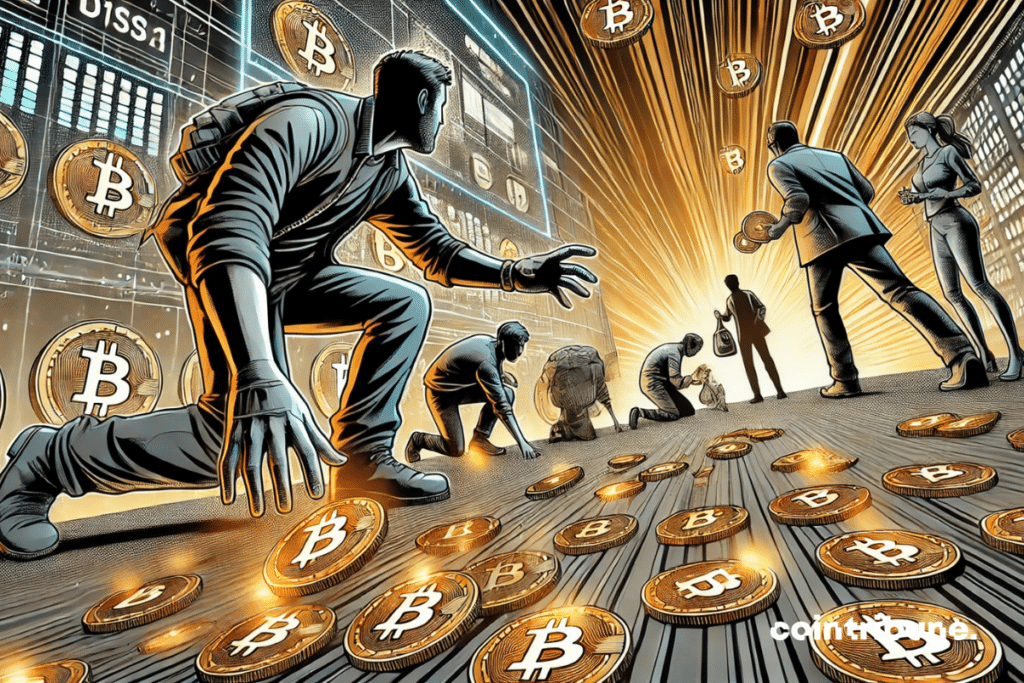 People picking up Bitcoin coins scattered on the ground, in a dynamic scene with golden lights symbolizing the value of Bitcoin.