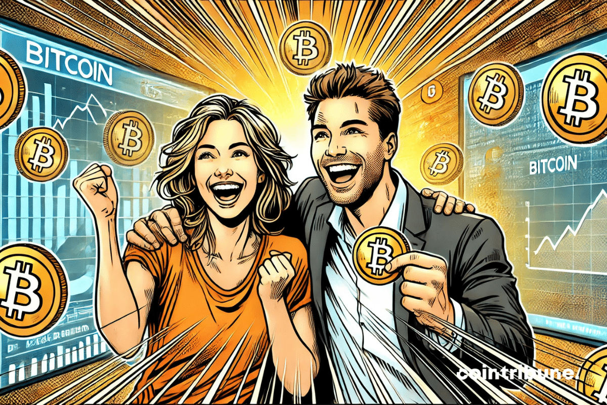 A man and a woman, visibly enthusiastic, holding Bitcoin coins in a bright setting with growth charts in the background.