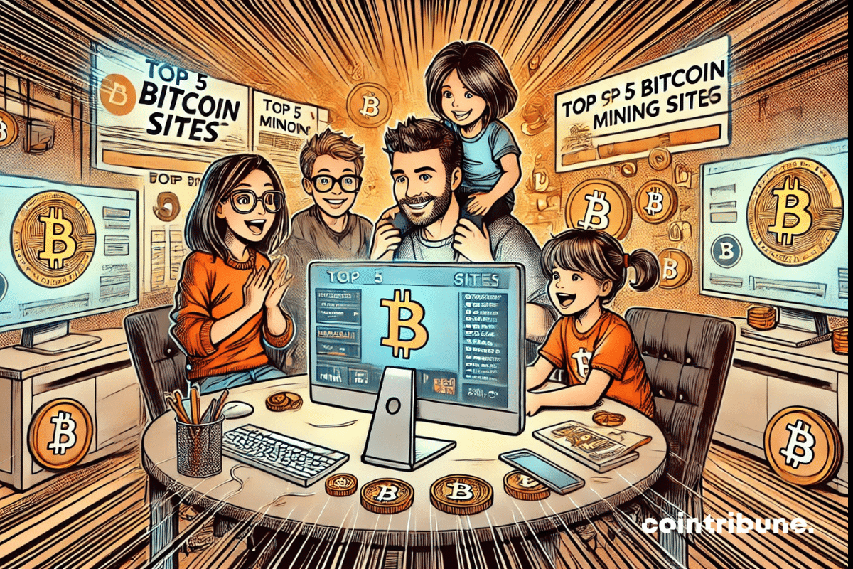 Une famille enthousiaste autour d’un bureau, explorant un écran affichant "Top 5 Bitcoin Mining Sites", entourée de pièces et de symboles Bitcoin.