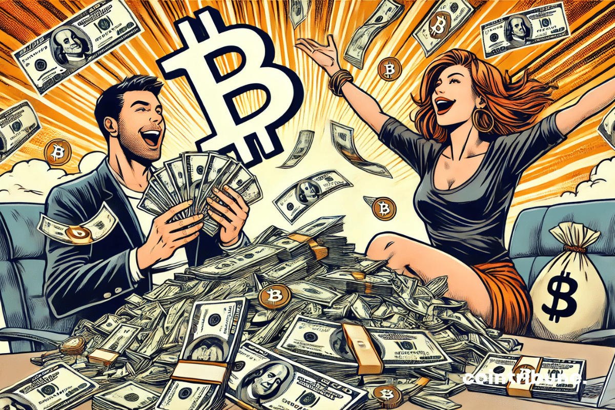 Un homme et une femme heureux entourés de liasses de billets et de symboles Bitcoin, dans une scène illustrant la richesse générée par le Bitcoin.