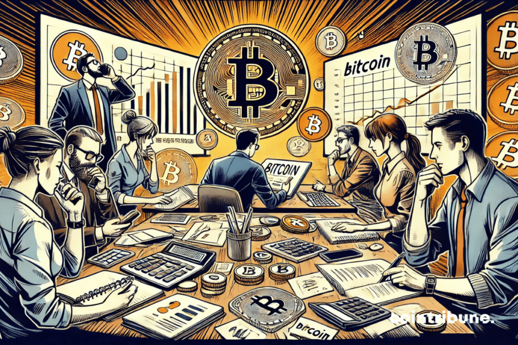 Un groupe de professionnels travaillant autour d'une table avec des calculatrices, des graphiques et des écrans affichant des données Bitcoin, dans une ambiance de collaboration intense.