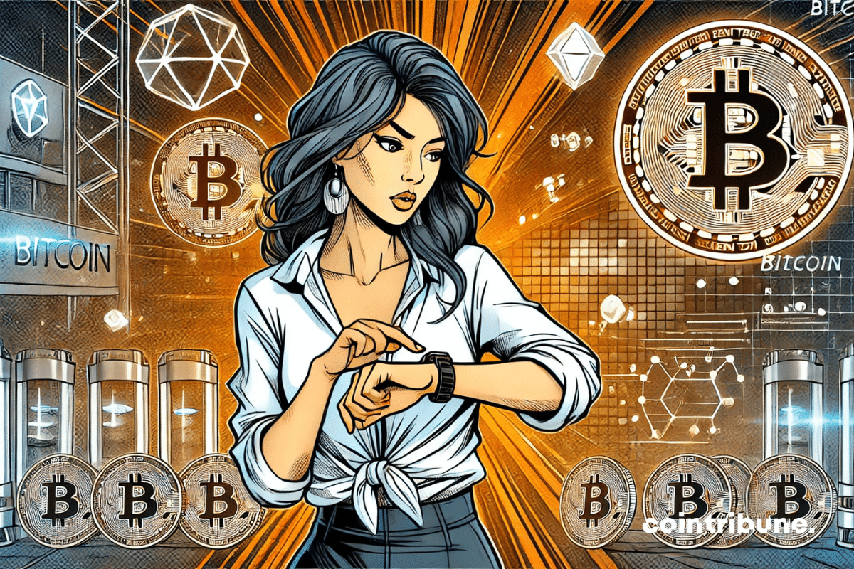 Une femme regardant sa montre, entourée de symboles et de pièces de Bitcoin, dans un décor futuriste avec des éléments technologiques.