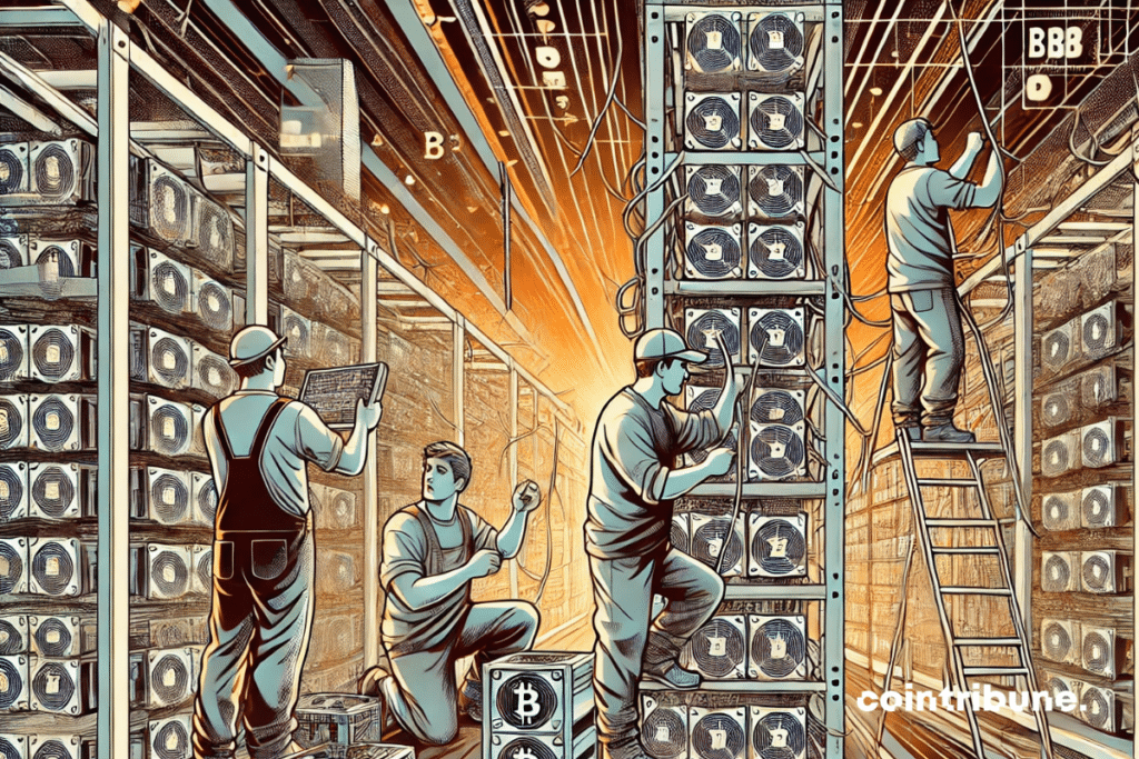 Workers at a Bitcoin mining farm, setting up and maintaining racks full of mining machines in an industrial environment.