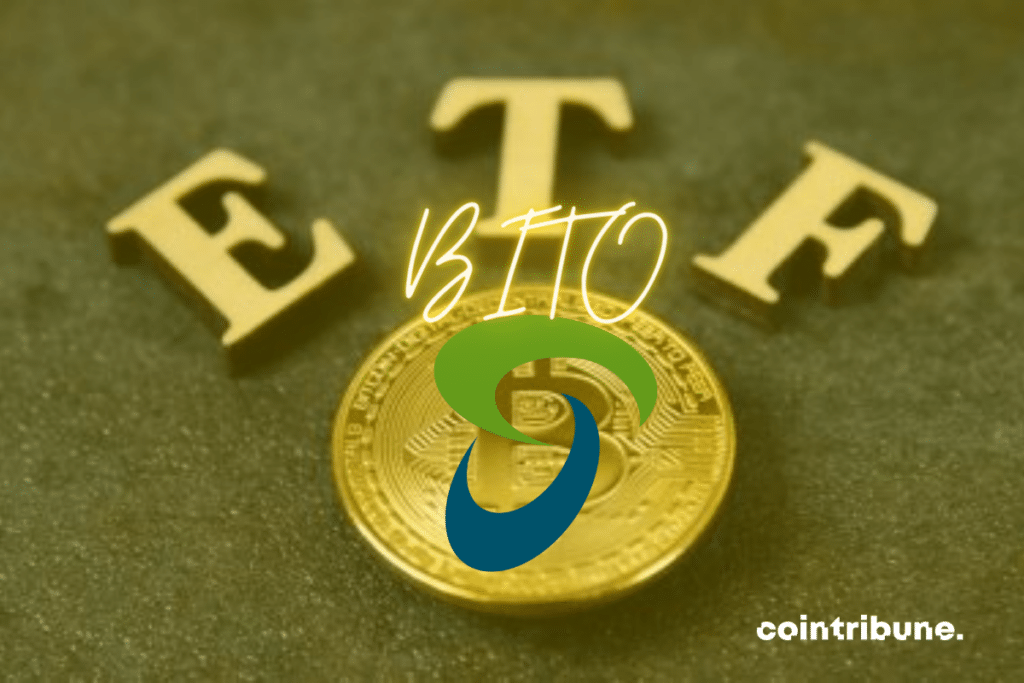 Pièce de bitcoin avec logo de ProShares, mentions ETF et BITO