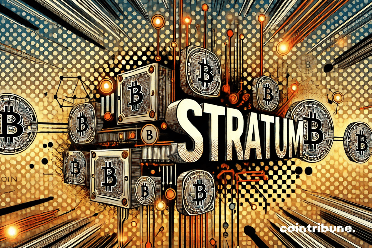 Un design futuriste illustrant le mot "Stratum" entouré de pièces de Bitcoin et de circuits électroniques dans une ambiance dynamique.