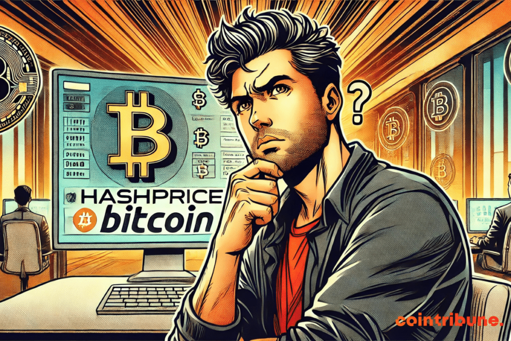 Un homme pensif devant un écran affichant "Hashprice Bitcoin" et un symbole Bitcoin, avec des graphiques et des éléments technologiques en arrière-plan.