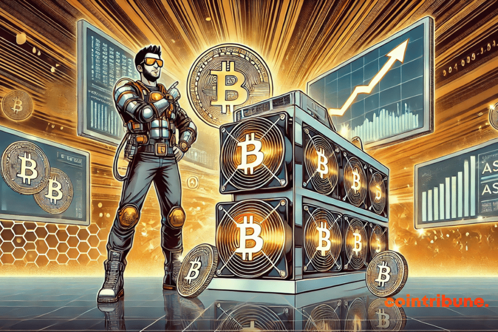 Un ASIC brillant entouré d’éléments numériques futuristes avec un personnage pointant un graphique Bitcoin, dans des tons orange, noir et blanc.