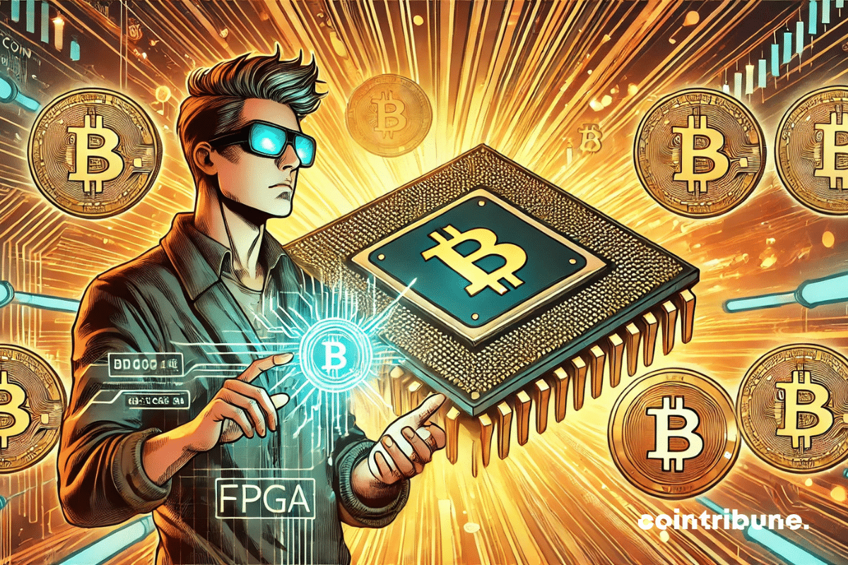 A luminous FPGA surrounded by Bitcoin symbols, with a character wearing futuristic glasses in front of a background of orange and black blockchain motifs.