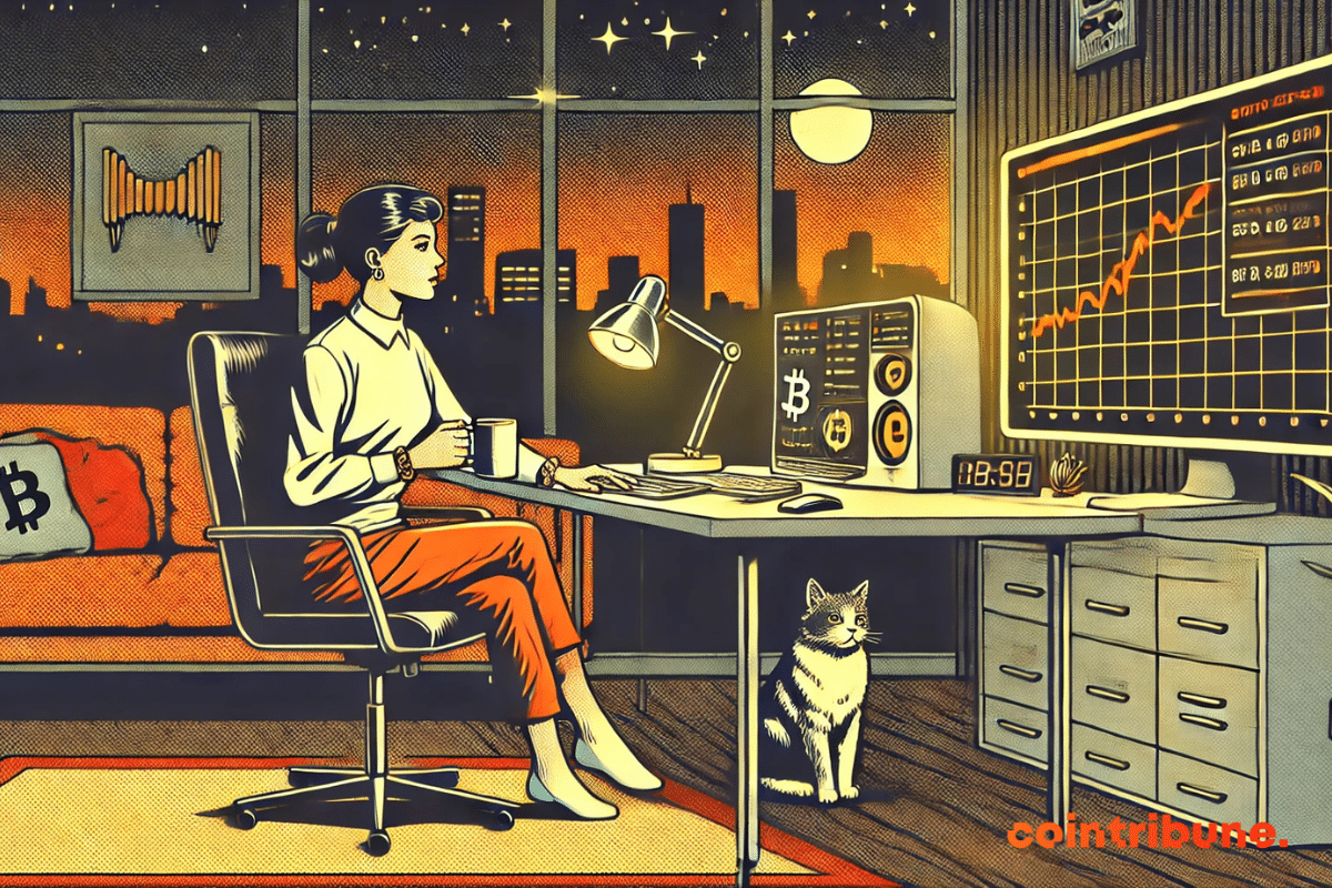 A woman sitting at a desk with screens displaying Bitcoin data, a rising chart and a cat at her side, in a warm setting overlooking a city in the evening.