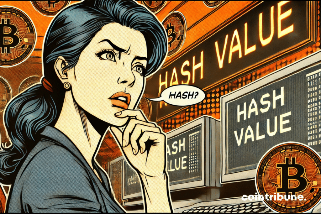 A pensive woman with a speech bubble reading “Hash?” in front of screens and light panels displaying “Hash Value”, surrounded by Bitcoin symbols.