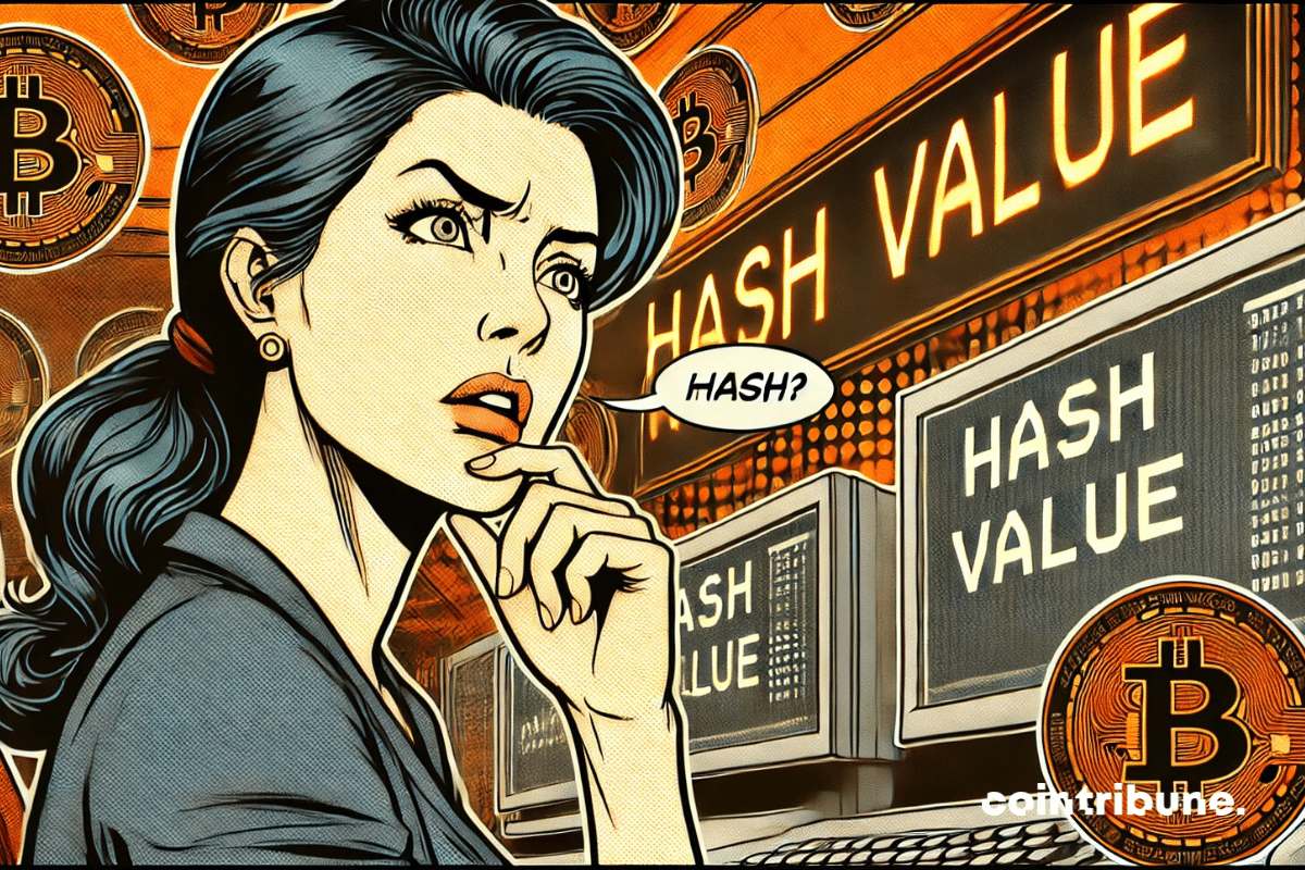 Une femme pensive avec une bulle de dialogue indiquant "Hash?" devant des écrans et panneaux lumineux affichant "Hash Value", entourée de symboles Bitcoin.