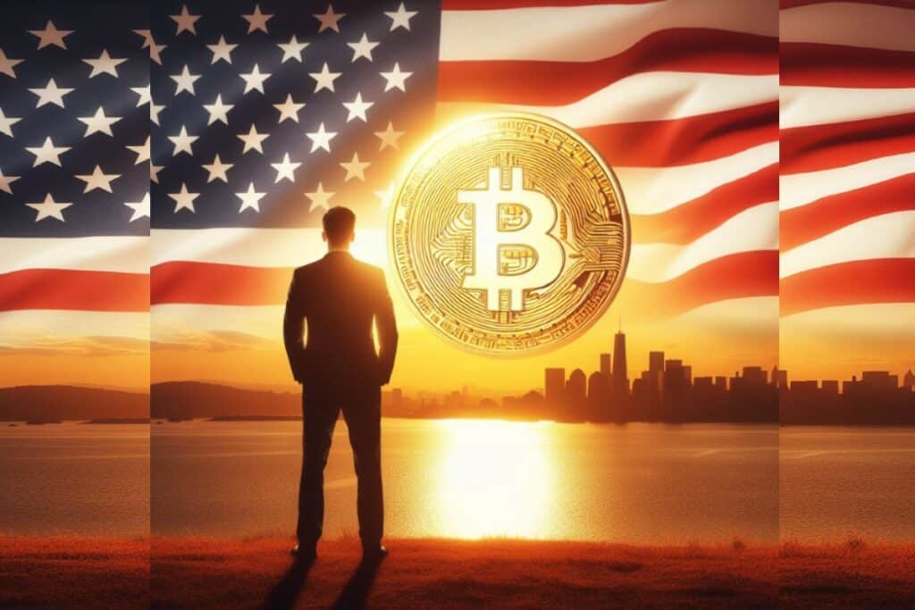 Crypto - un homme debout devant un lac aux USA avec le drapeau des USA et bitcoin