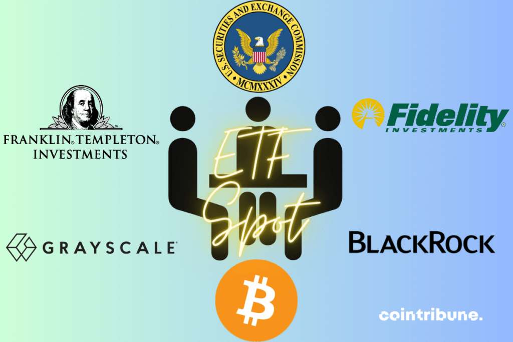 Reunion icon, SEC, Bitcoin, Franklin Templeton, Fidelity, BlackRock and Grayscale logos, "ETF Spot" mention