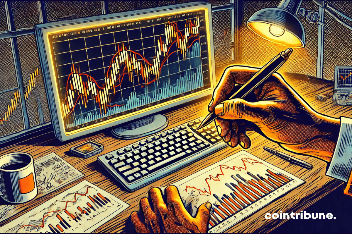 A trader analyzes complex financial graphs on an equipped desk, lit by a desk lamp.