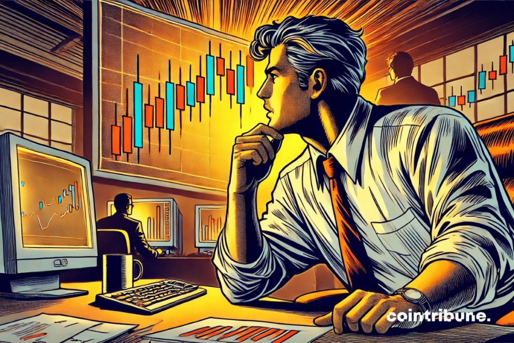 A trader analyzes financial charts on a large screen in a modern office.