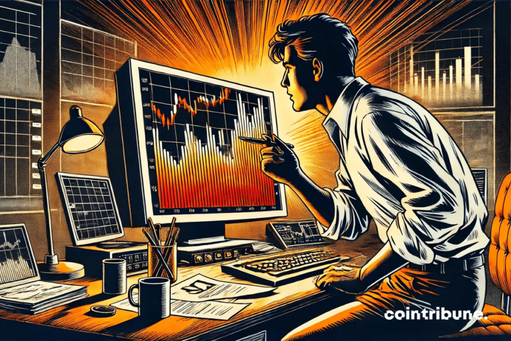 A trader studies a detailed financial chart on a large screen in a bright, immersive office environment.