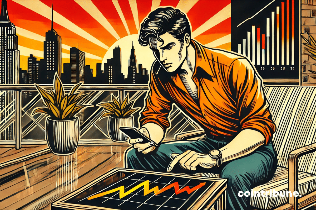 A trader on a modern terrace analyzes financial charts on his phone, with an urban sunset in the background.