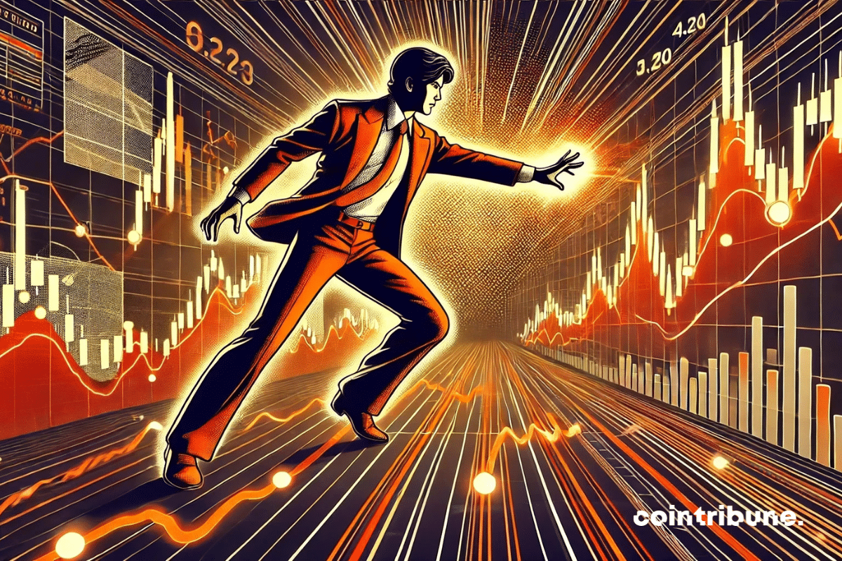 A costumed trader, in action, appears to control dynamic financial charts in an immersive, futuristic environment.