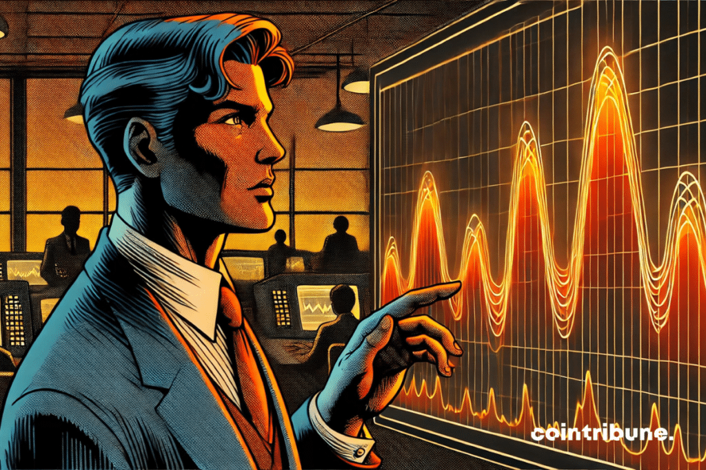 Un analyste en costume observe attentivement un écran affichant des courbes financières lumineuses dans une salle de trading animée.