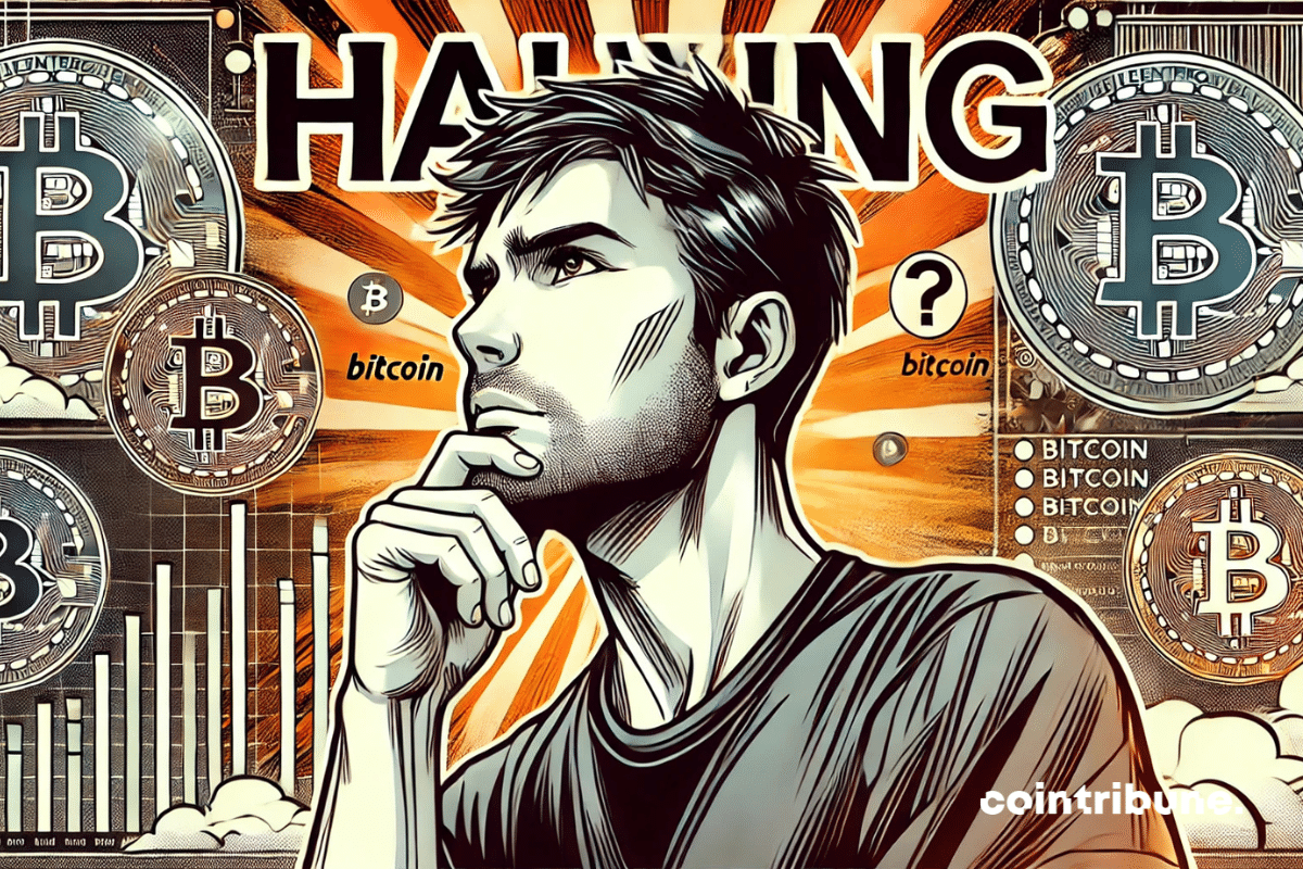 Un homme pensif devant des graphiques et des symboles Bitcoin, avec le mot "Halving" écrit en arrière-plan dans une ambiance lumineuse.