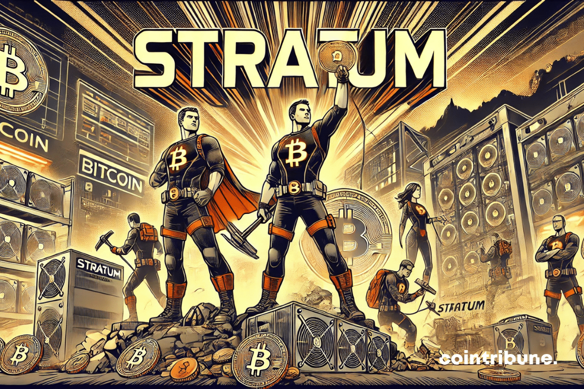 Bitcoin miners depicted as superheroes, surrounded by mining equipment and Bitcoin coins, with the word “STRATUM” large in the background.