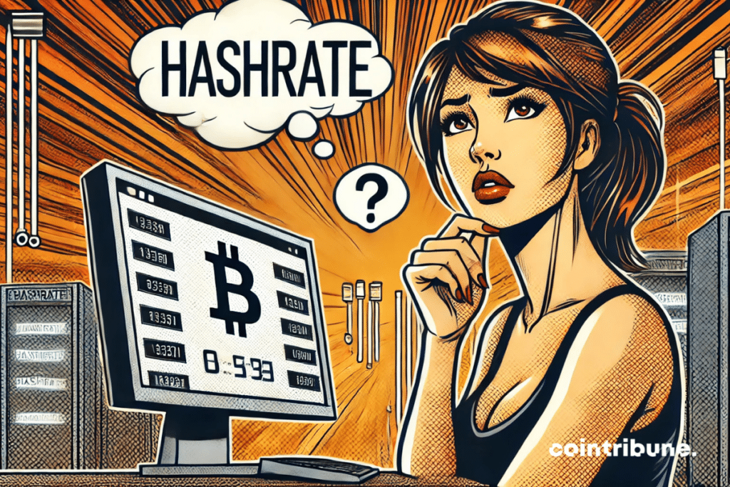 Une femme pensive devant un écran affichant un symbole Bitcoin et des données, avec une bulle de pensée indiquant "Hashrate" et un point d'interrogation.