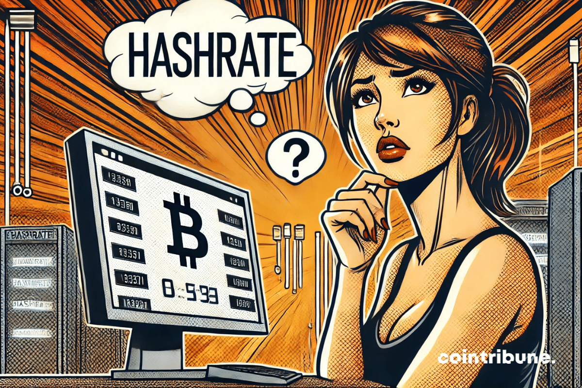 Une femme pensive devant un écran affichant un symbole Bitcoin et des données, avec une bulle de pensée indiquant "Hashrate" et un point d'interrogation.