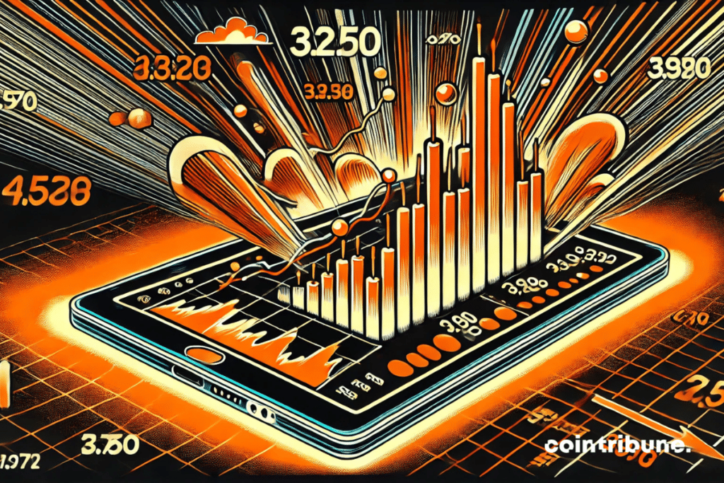 A tablet displays explosive financial charts with dynamic bars and highlighted numerical data.