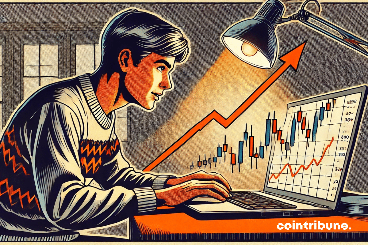 A trader analyzes complex financial graphs on an equipped desk, lit by a desk lamp.