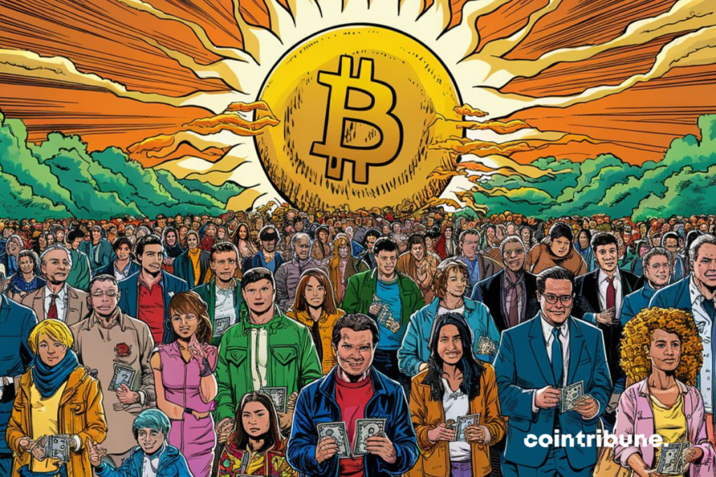 Plusieurs individus tenant des billets entre les mains, soleil avec logo de bitcoin
