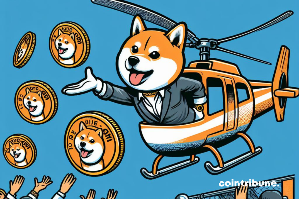 Shiba Inu dog dropping coins from the top of a helicopter
