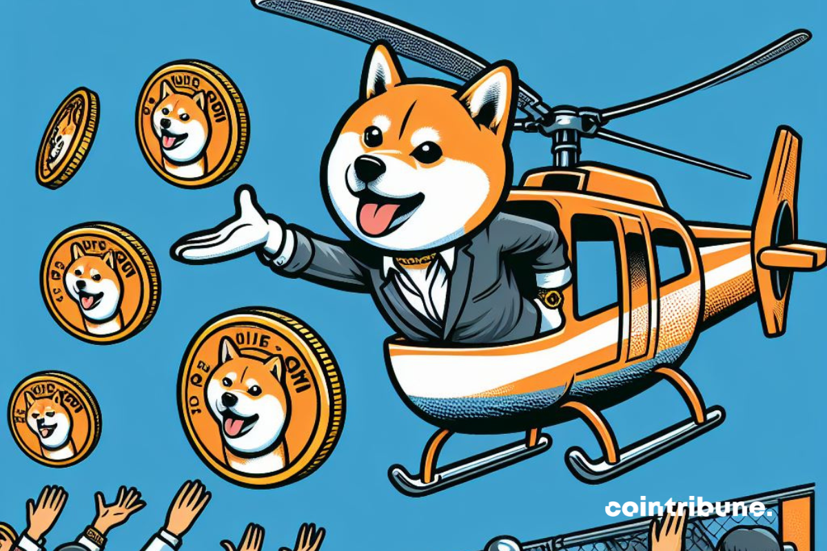 Shiba Inu dog dropping coins from the top of a helicopter