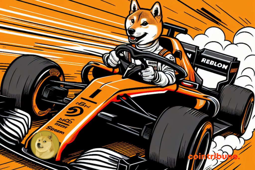 Chien Shiba pilotant une voiture Formule 1, logo de Dogecoin