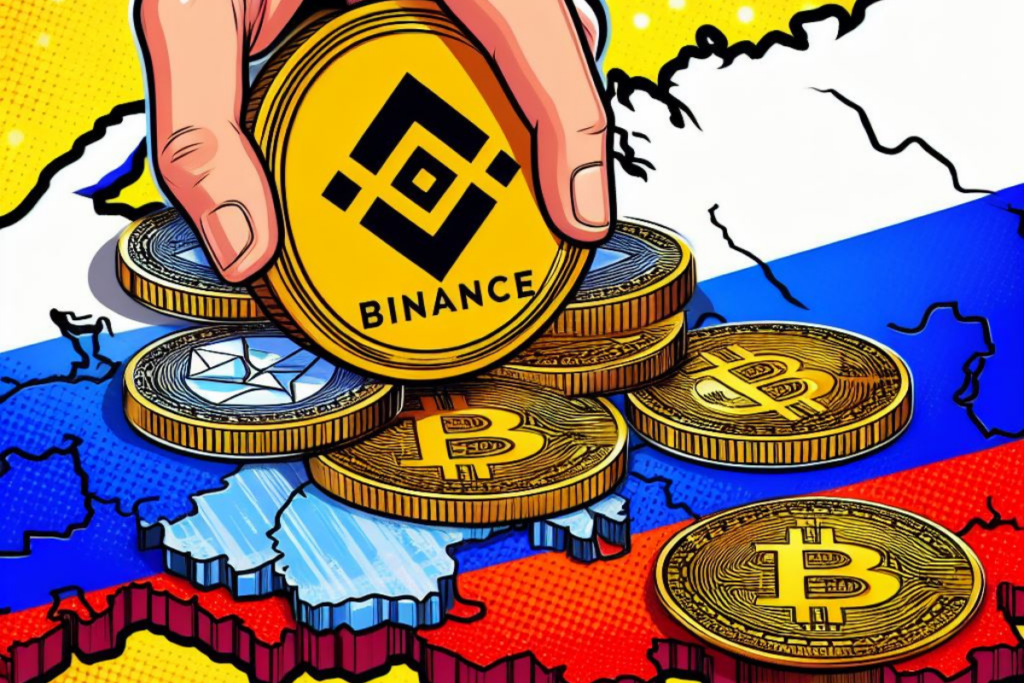 Map of Russia, bitcoin coins and coins with Binance logo