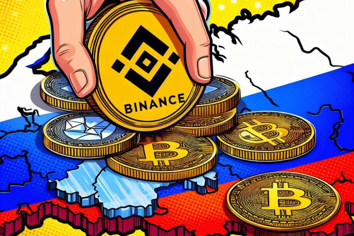 Carte de la Russie, pièces de bitcoin et pièce avec logo de Binance