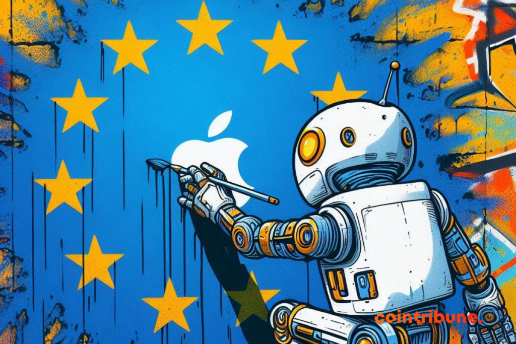 Drapeau de l'UE, robot et logo d'Apple