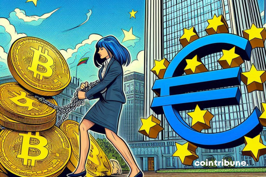 Immeuble de la BCE, symbole de l'euro et pièces de bitcoin