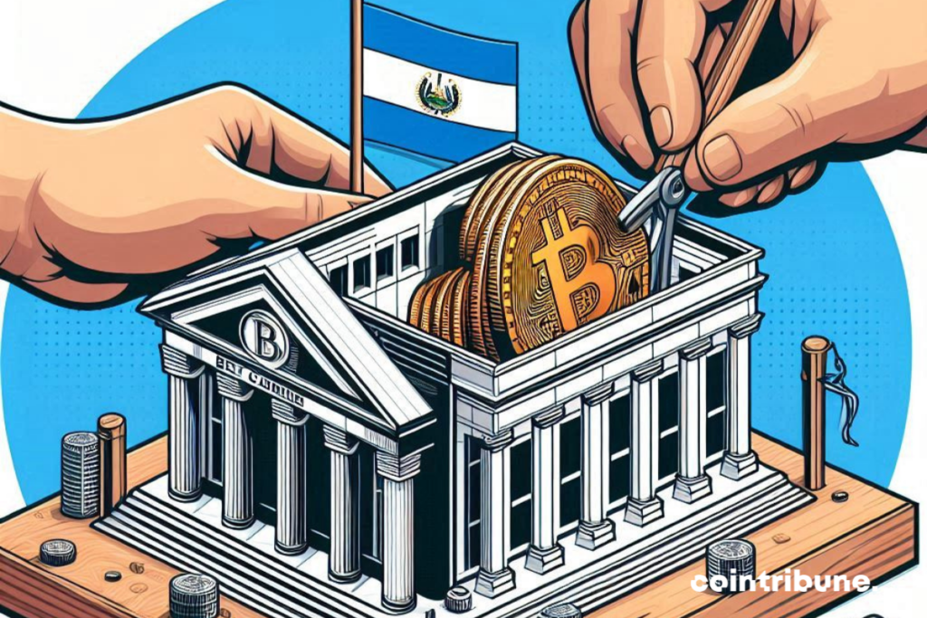 Une main construisant une maquette d'immeuble de banque, avec logo bitcoin et drapeau du Salvador