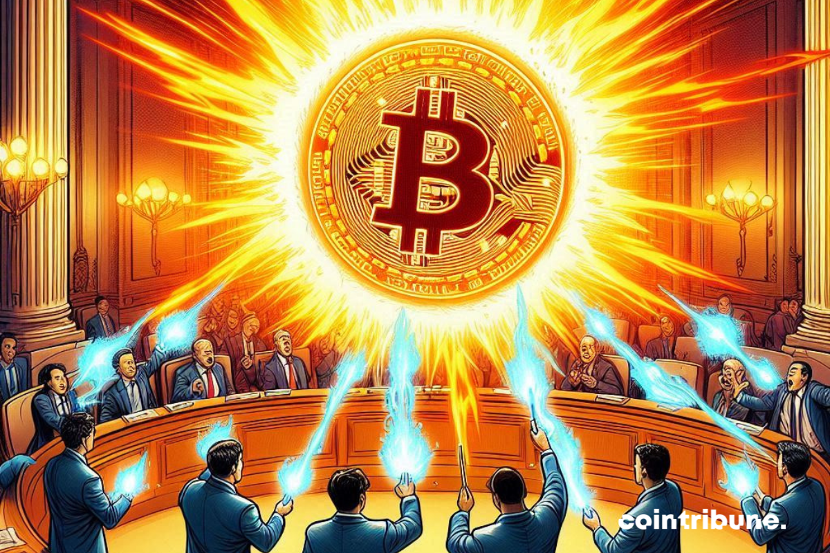 Assemblée de députés et boule de feu bitcoin