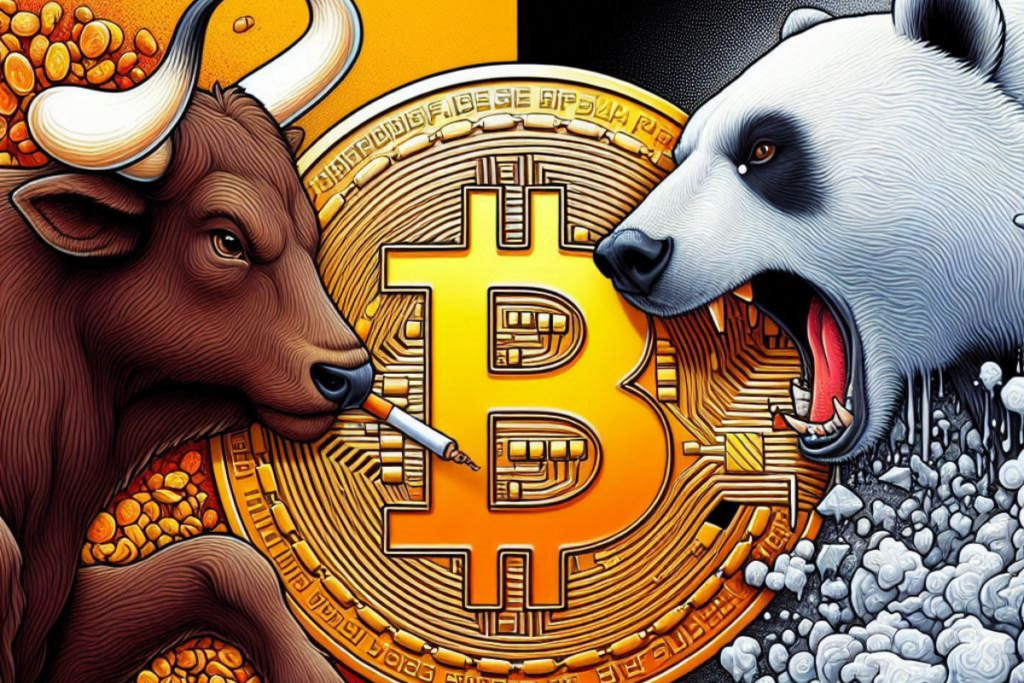 Pièce de bitcoin entouré d'ours et de bull