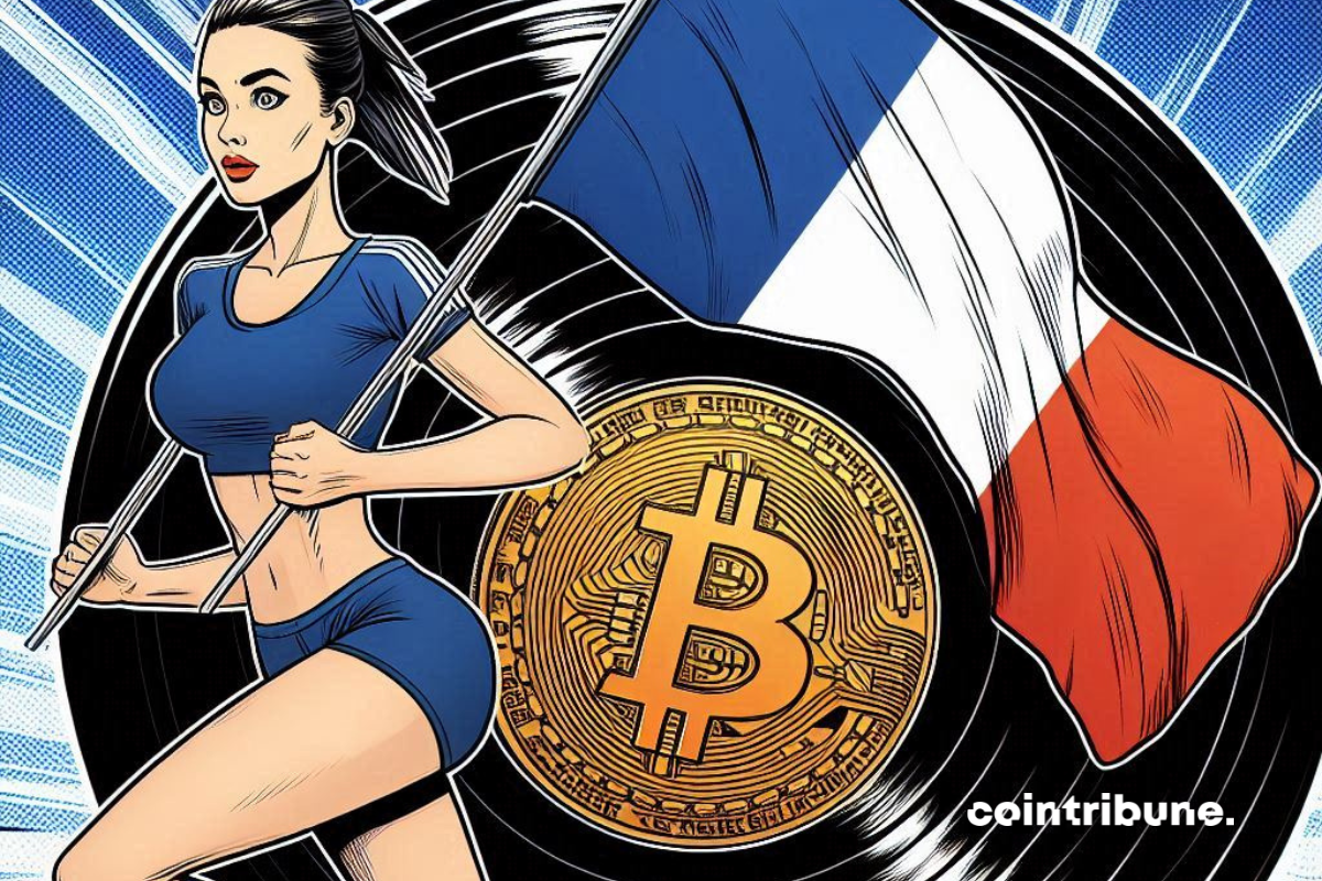 Athlète avec drapeau France, pièce de bitcoin