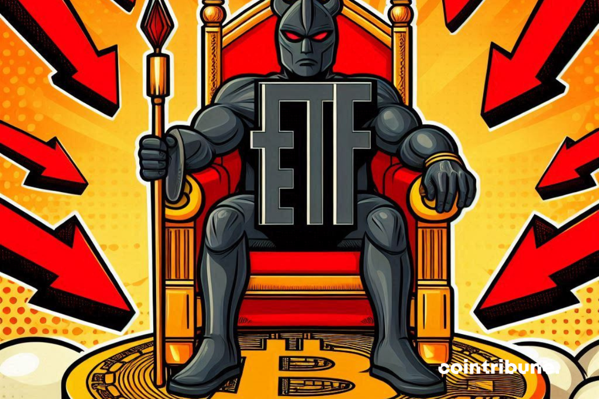 Personnage ETF assis sur un trône Bitcoin
