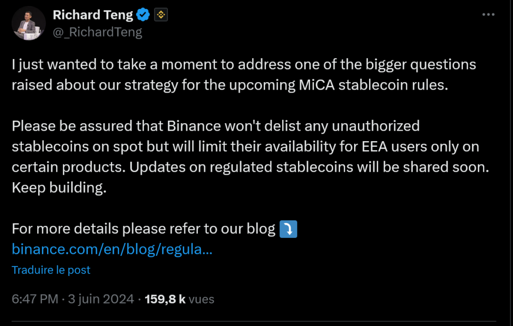 Post on X by Binance CEO.
