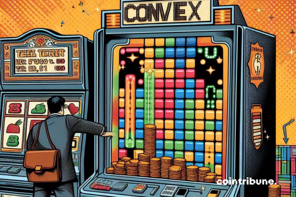 An investor's winnings in front of a slot machine marked "Convex".