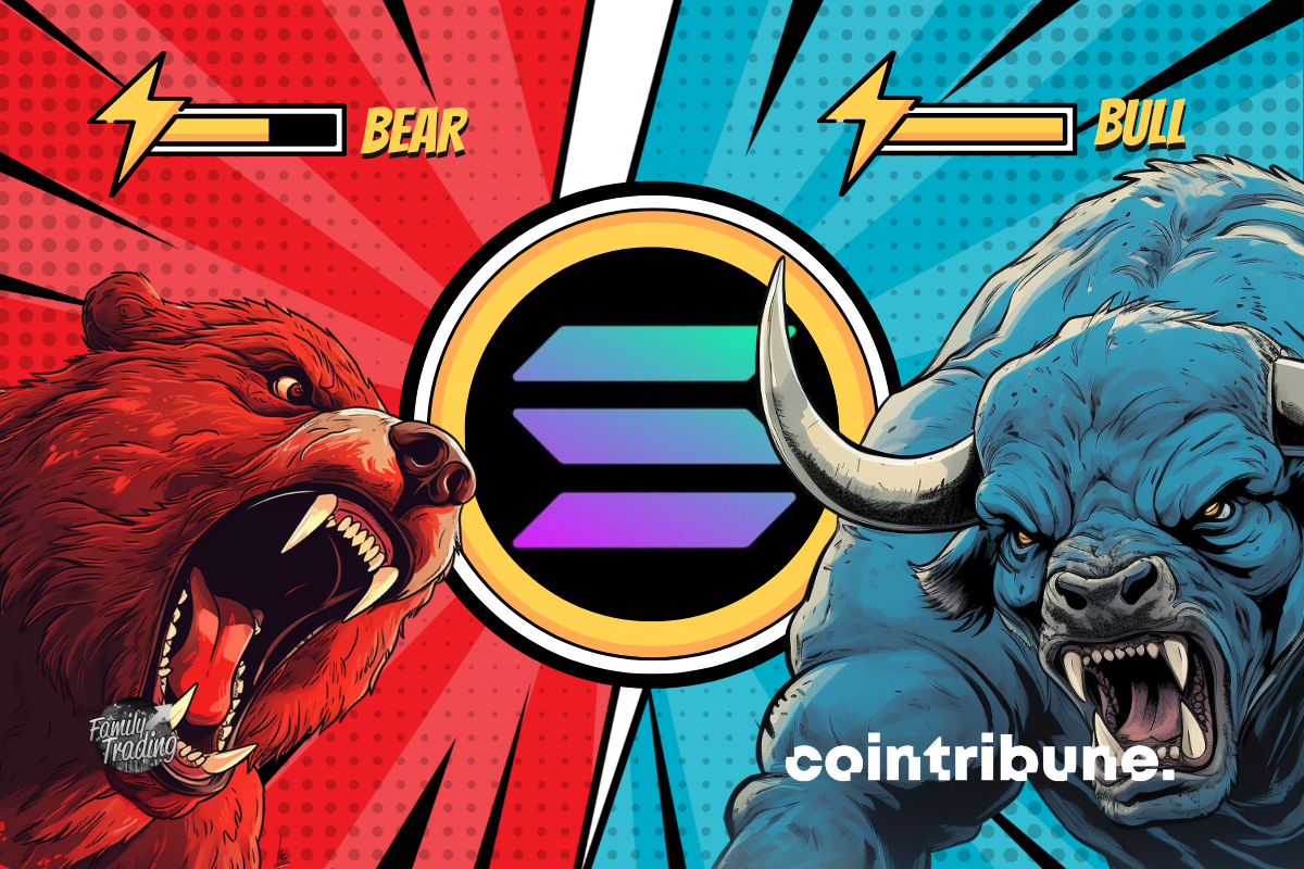 Logo SOL fond rouge et bleu avec de parts et d’autres un ours rouge et un taureau bleu enragés. En haut de chacun, on peut voir la barre de pouvoir de chacun.