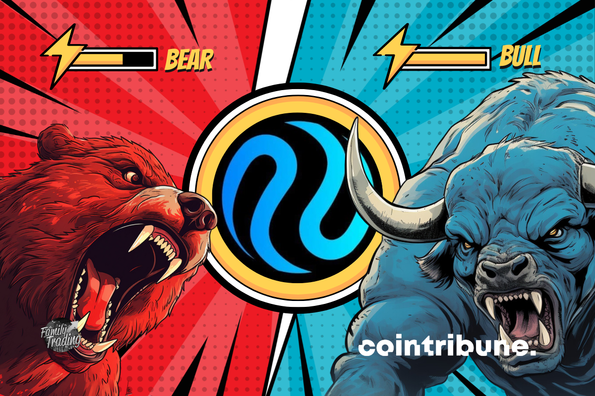 Logo INJ fond rouge et bleu avec de parts et d’autres un ours rouge et un taureau bleu enragés. En haut de chacun, on peut voir la barre de pouvoir de chacun.