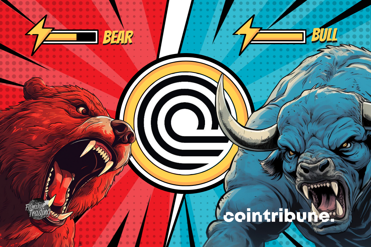 Logo ONDO fond rouge et bleu avec de parts et d’autres un ours rouge et un taureau bleu enragés. En haut de chacun, on peut voir la barre de pouvoir de chacun.