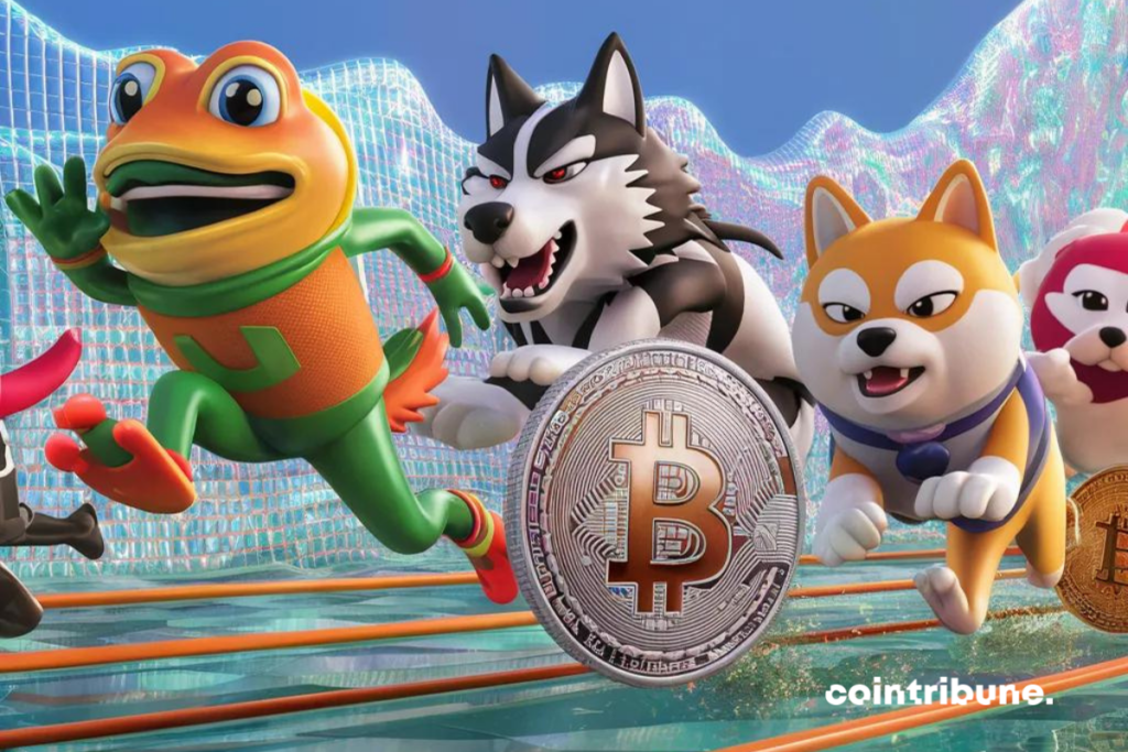 Figurants de crypto mème et pièce de Bitcoin